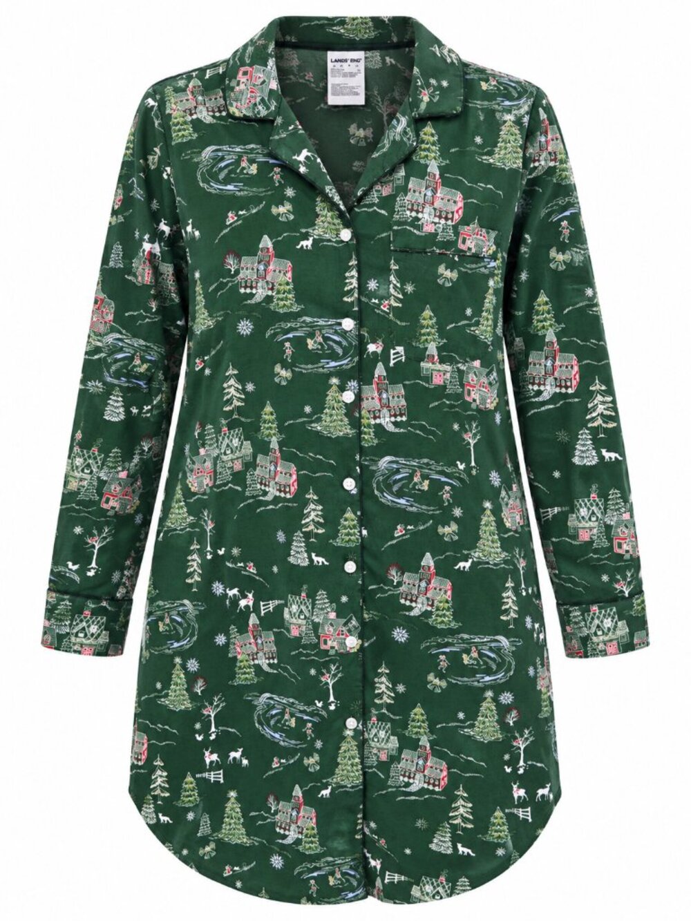 Lands' End Christmas Village Cotton Poplin Sleep Shirt Green Lg